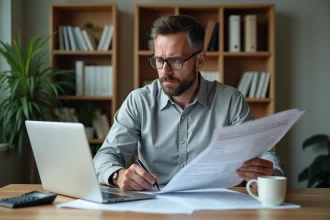 Homme consultant ses documents fiscaux et un ordinateur portable dans un bureau à domicile pour vérifier ses impôts sur le barème progressif