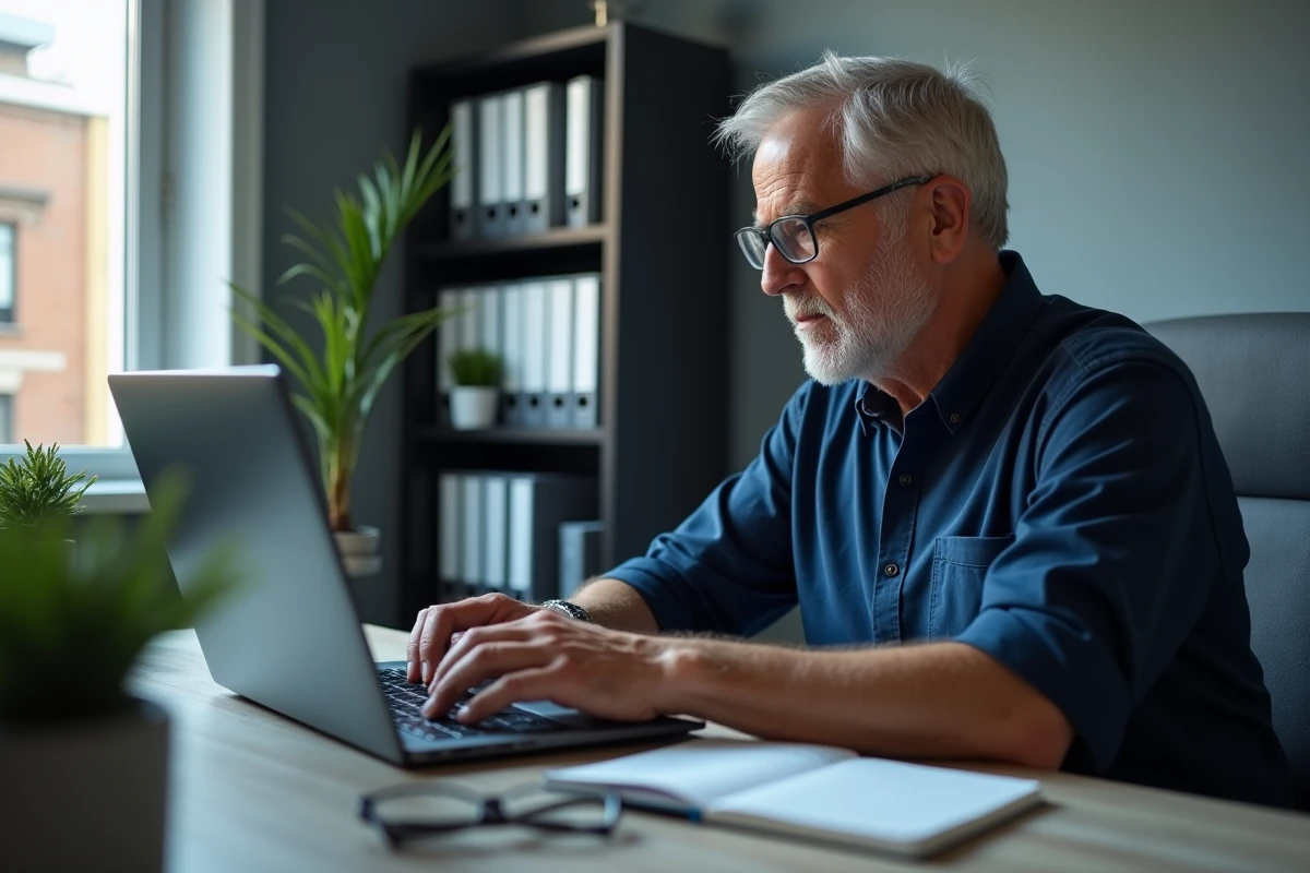 Homme vérifiant ses économies et revenus de placement sur un ordinateur portable dans un bureau à domicile