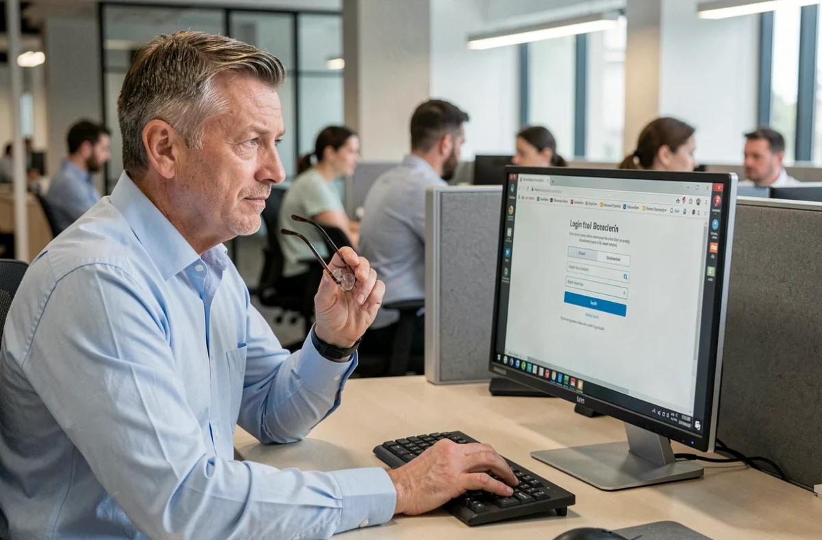 Homme en entreprise face à un écran d'ordinateur affichant une erreur de connexion sur un portail en ligne