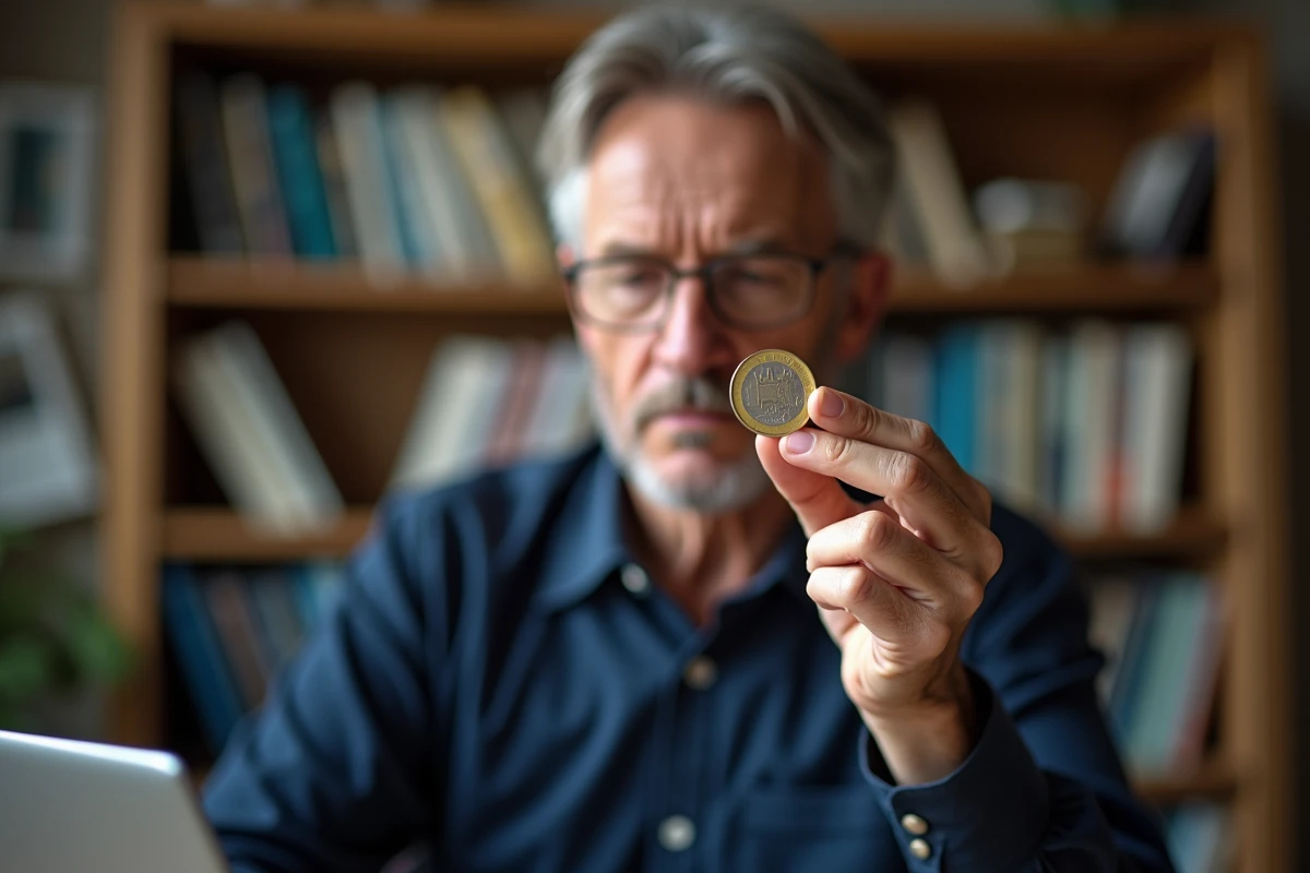 Homme examinant une pièce de 50 centimes rare à la loupe dans un bureau de collectionneur