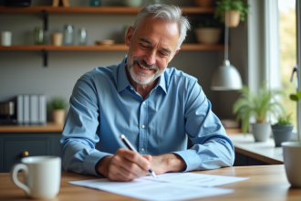 Homme d'âge moyen examinant des documents financiers à la maison