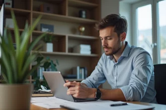 Homme d'affaires en home office consulte ses finances