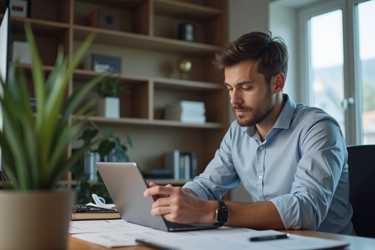 Homme d'affaires en home office consulte ses finances