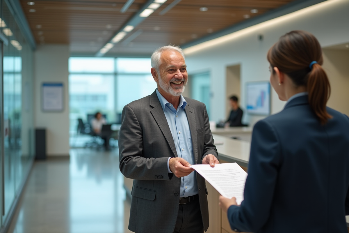 Homme remet des formulaires à un agent dans un bureau moderne