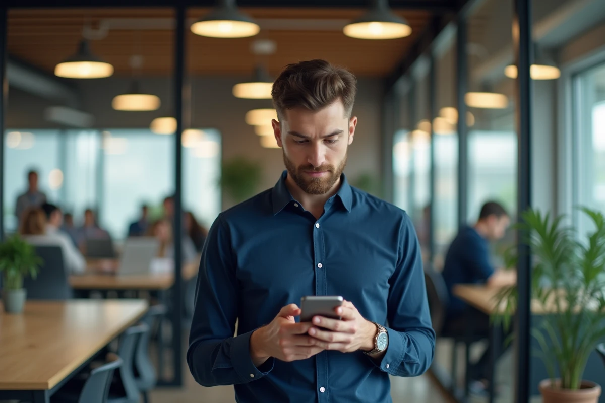 Homme gérant son compte bancaire joint sur smartphone dans un espace de coworking professionnel
