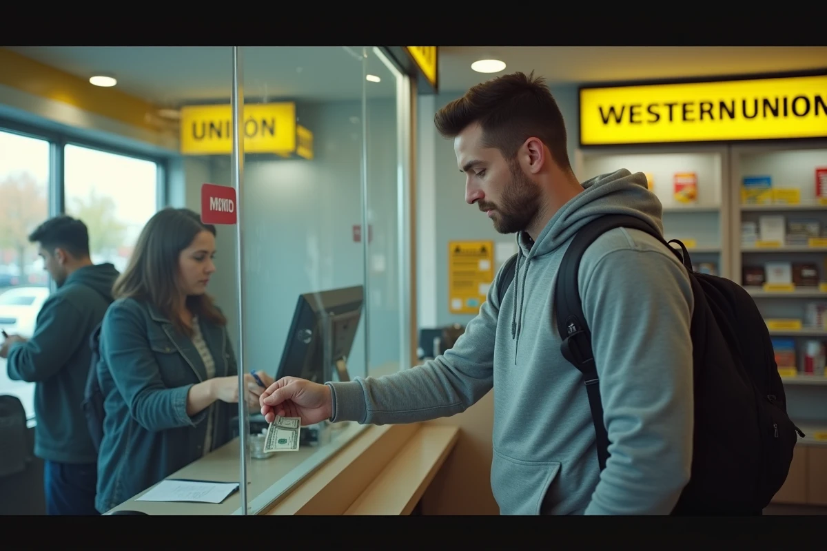 Homme effectuant un transfert d'argent Western Union au guichet pour un achat en ligne