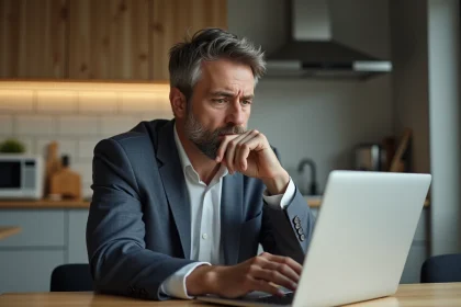 Homme d'&acirc;ge moyen inquiet lisant un ordinateur dans la cuisine
