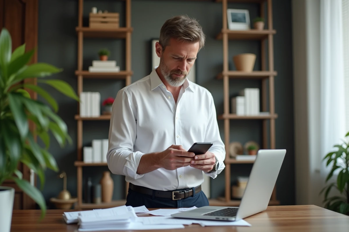 Homme examinant une facture électronique dans son bureau à domicile