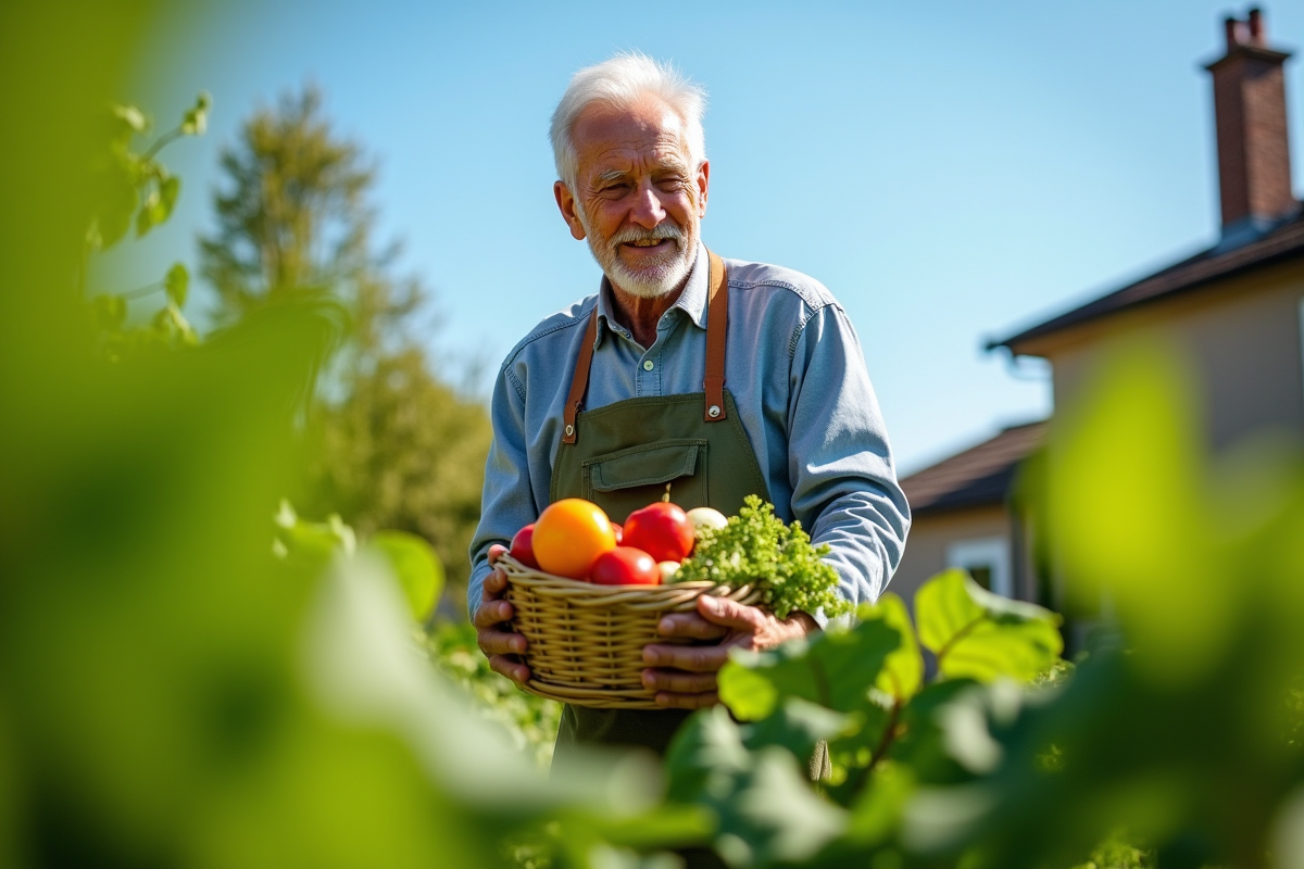 Homme age jardinant avec panier de légumes frais