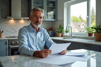 Homme d'âge moyen lisant des documents dans une cuisine moderne