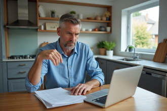 Homme d'âge moyen examinant des documents de prêt immobilier