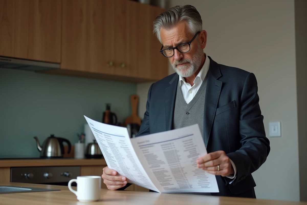 Homme lisant fiche de salaire &agrave; la maison