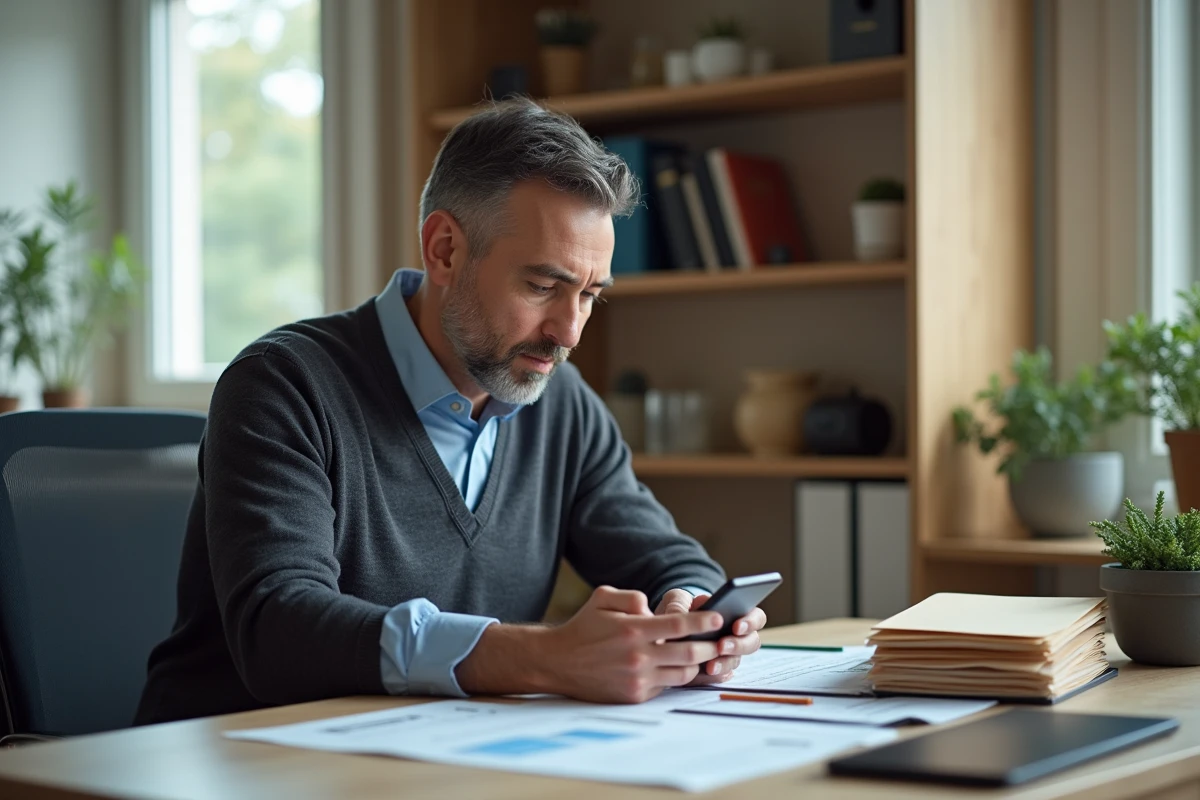 Homme d age lisant son smartphone dans un bureau