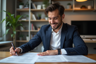 Jeune homme en costume examine des formulaires fiscaux