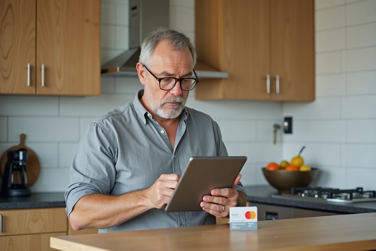 Homme effectuant un paiement en ligne avec un chèque cadeau Cadhoc sur une tablette dans une cuisine moderne