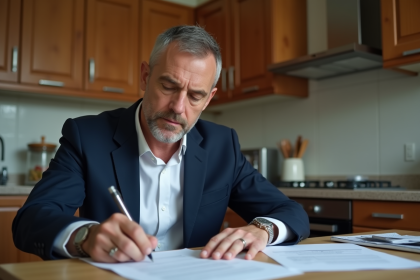 Homme en costume remplissant des papiers officiels seul à la maison
