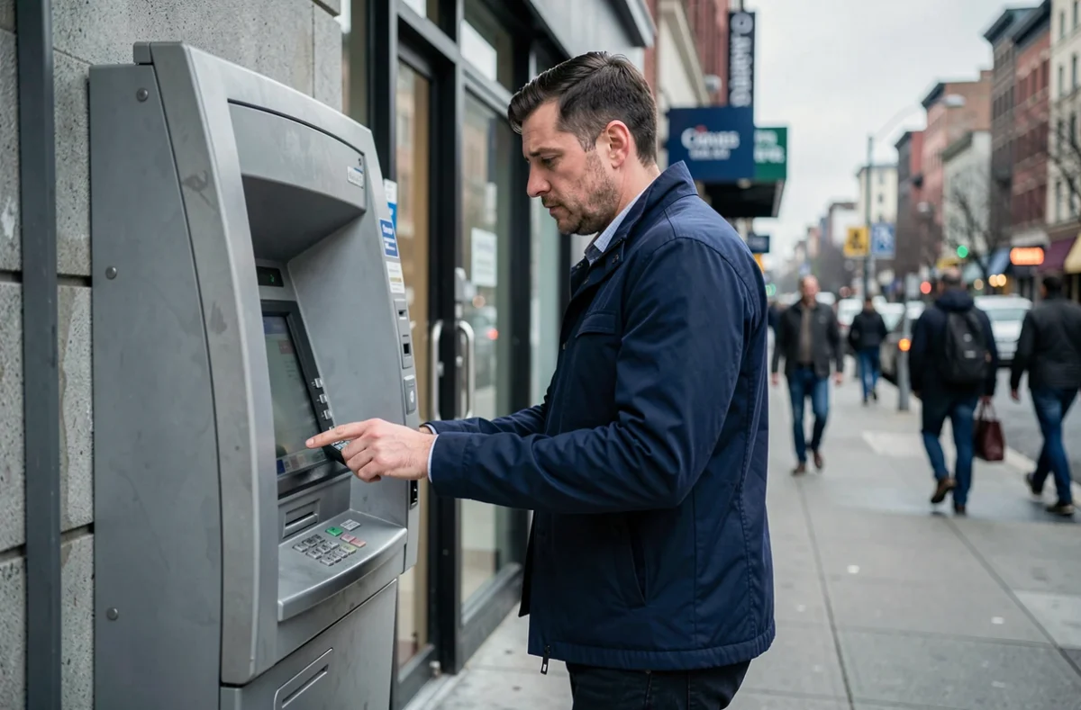 Homme consultant un distributeur automatique de billets un vendredi après une tentative de virement Nickel retardé