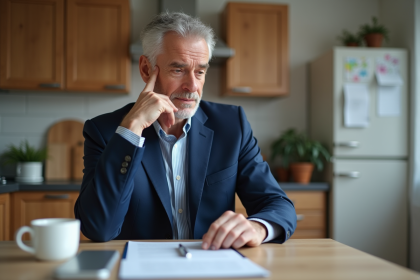 Homme d age en costume bleu dans une cuisine moderne