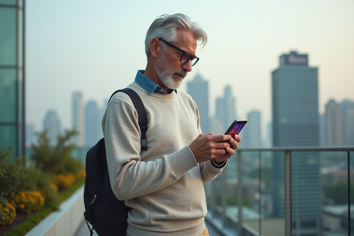 Homme regardant son smartphone en rooftop urbain