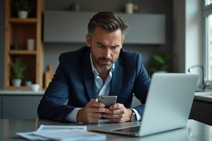 Homme d'âge moyen en costume bleu vérifiant son smartphone à la maison