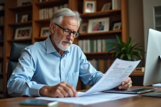 Homme senior consultant des documents de retraite progressive à son bureau à domicile