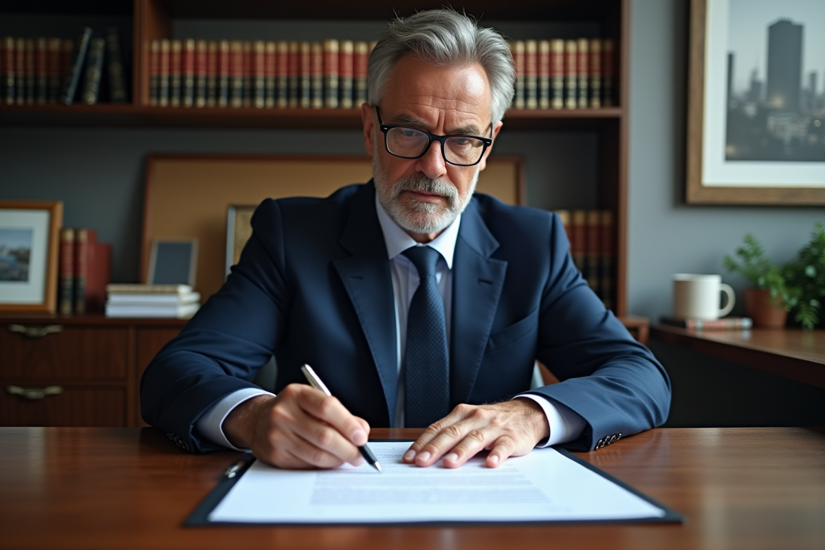 Homme d'âge moyen signant un document officiel dans un bureau