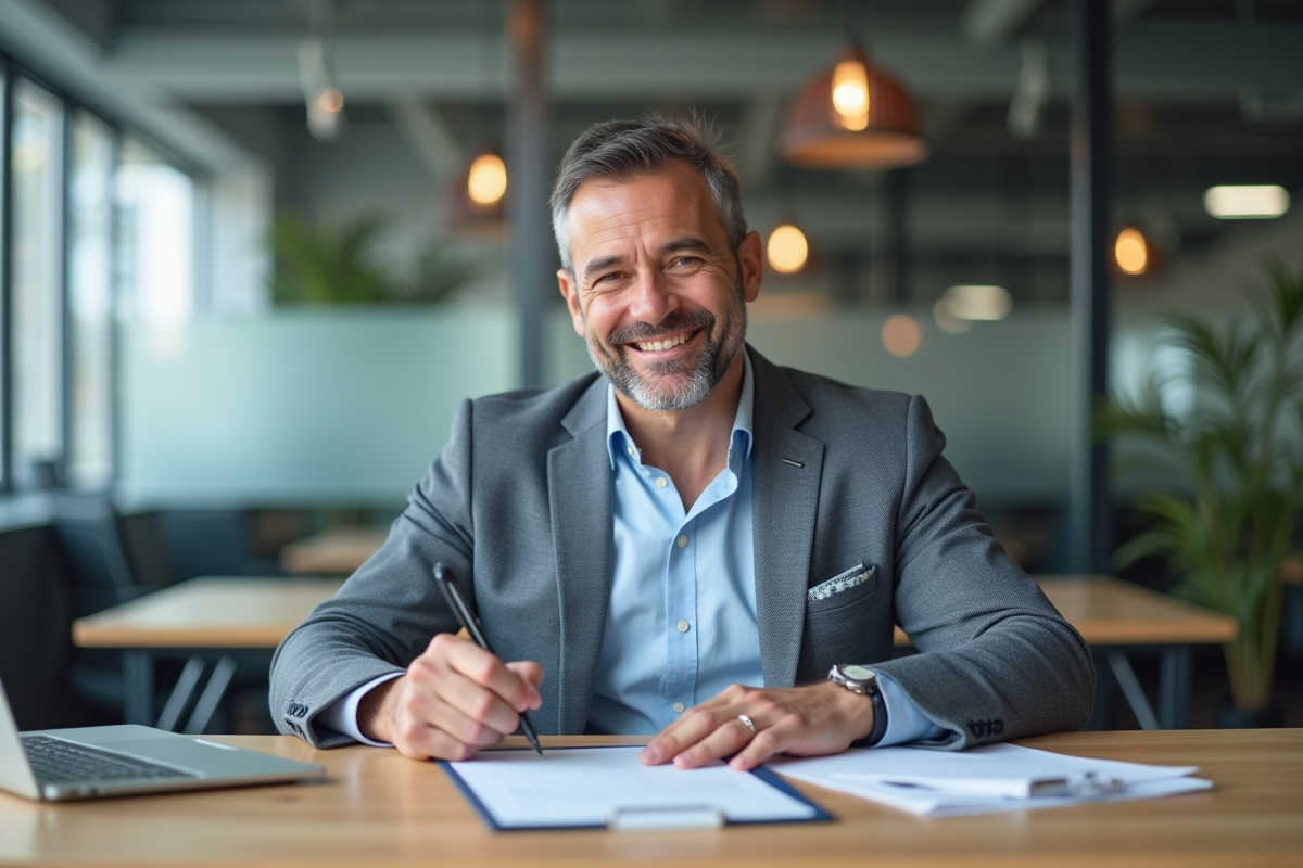 Homme d affaires souriant signant un document officiel au bureau