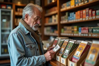 Homme d'âge moyen examinant des paquets de tabac en boutique