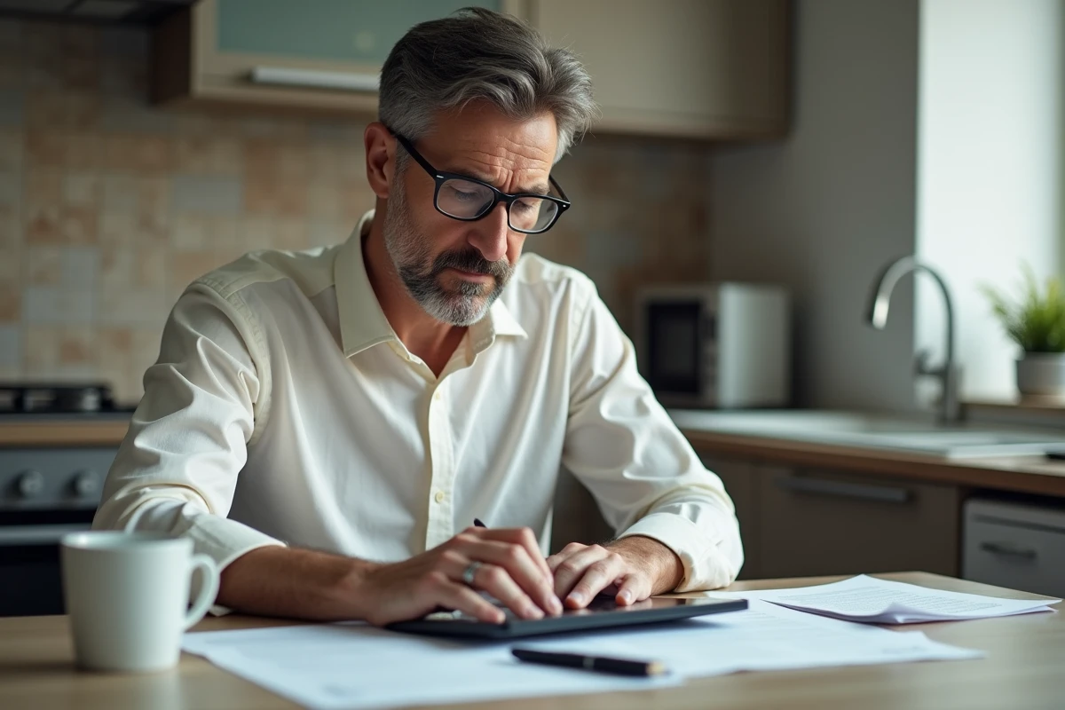 Homme utilisant une tablette dans une cuisine quotidienne