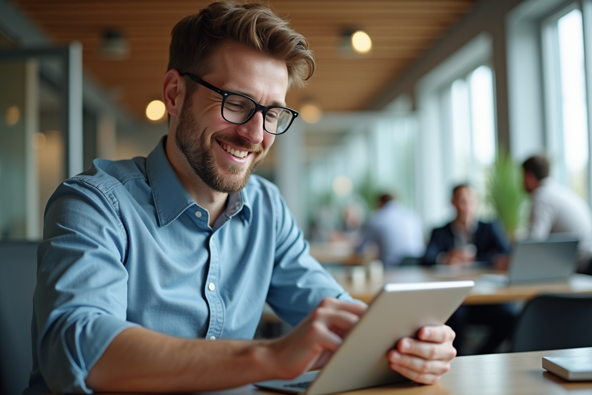 Homme dans un espace de coworking en train d annoter une transcription