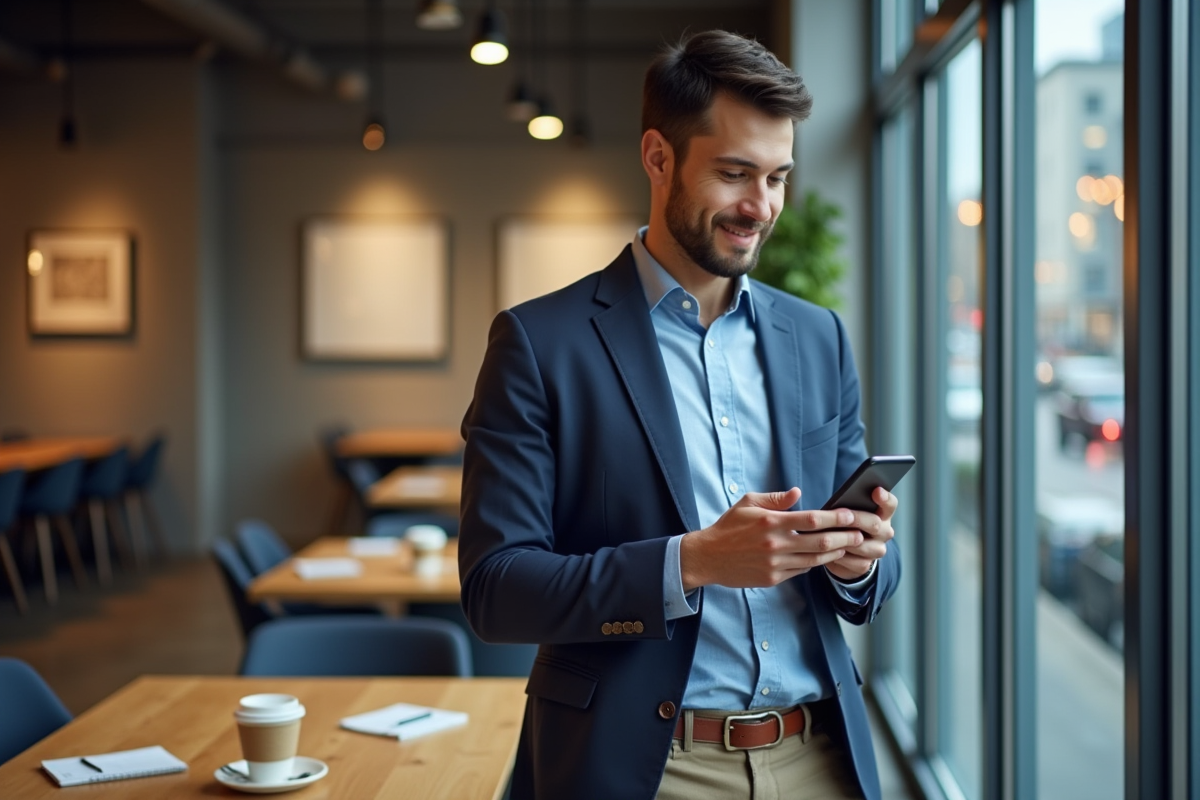 Jeune homme utilisant son smartphone avec application bancaire