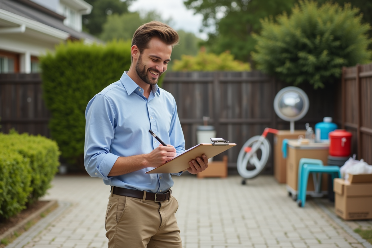 Homme organisant une vente dans son garage avec sourire naturel