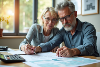 Couple d'adultes confiants examinant des documents d'assurance
