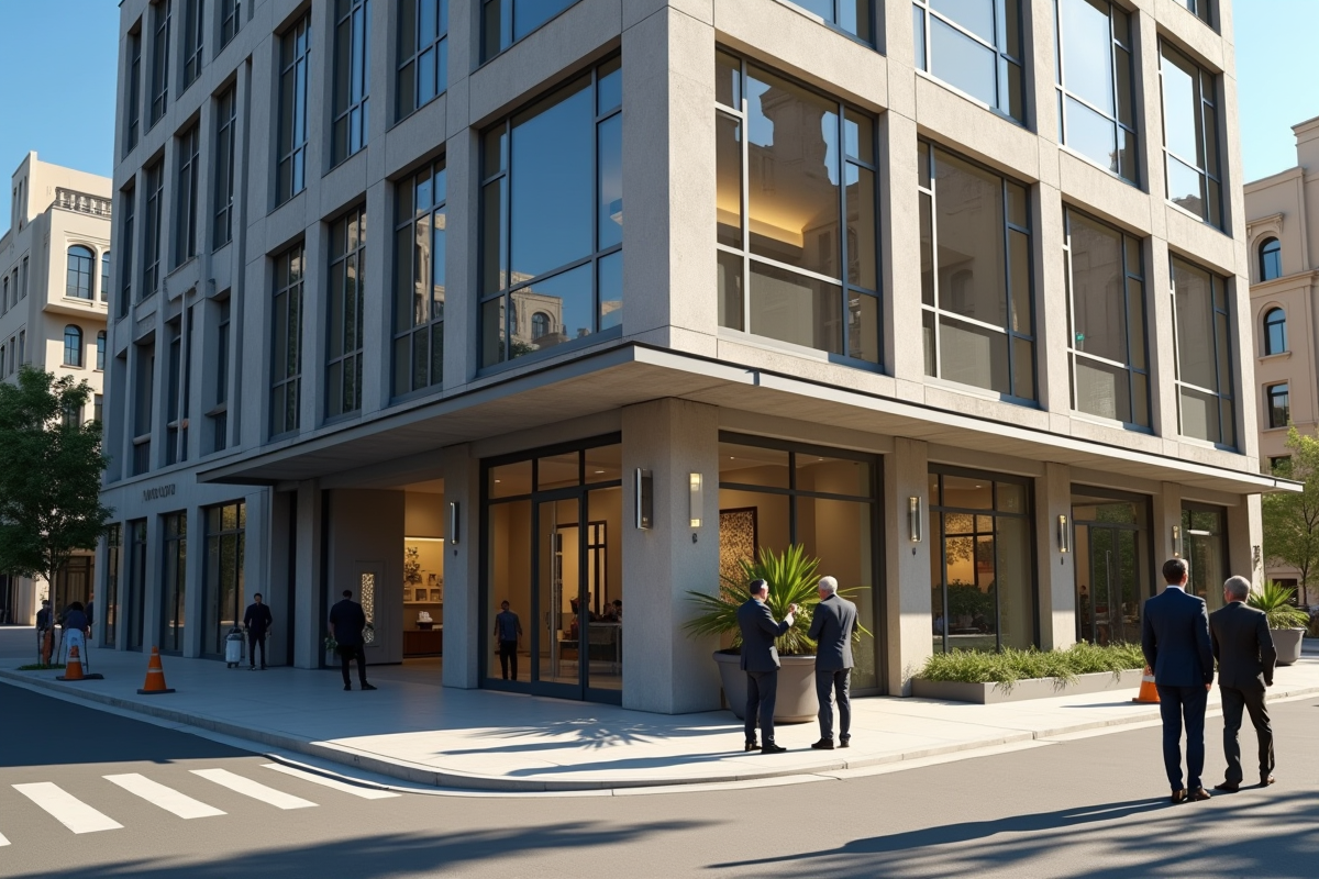 Bâtiment commercial avec panneau vendu et personnes en discussion