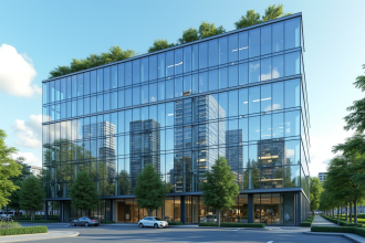 Bâtiment moderne de type gloffice refletant une skyline européenne
