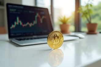 Jeton Bitcoin doré sur un bureau moderne avec un laptop en arrière-plan