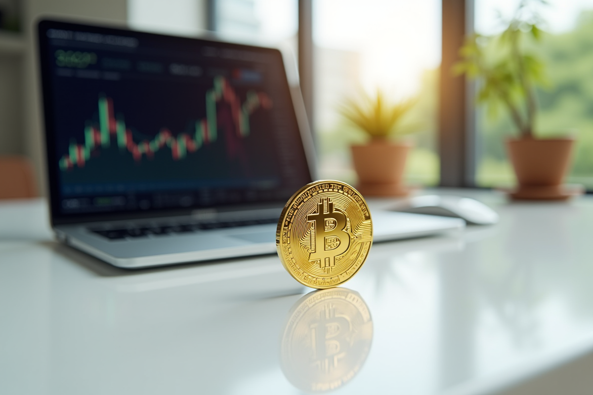 Jeton Bitcoin doré sur un bureau moderne avec un laptop en arrière-plan