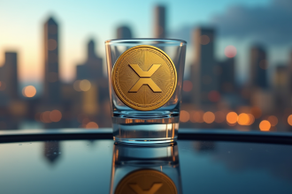 Jeton XRP doré équilibré sur un verre avec skyline moderne