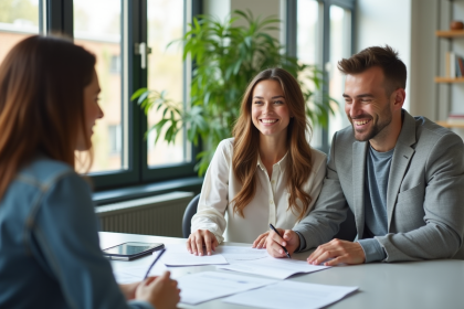 Jeune couple souriant avec un conseiller en prêt immobilier