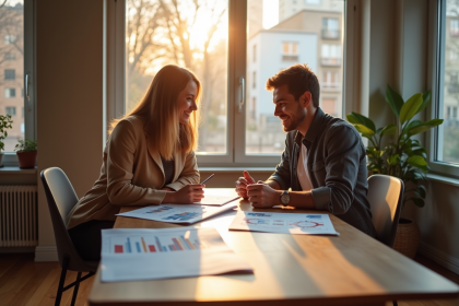 Jeune couple discutant de finances et d'investissement immobilier
