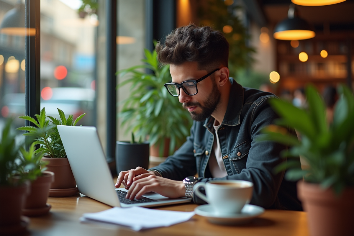 Jeune entrepreneur recherchant des tendances sur son ordinateur