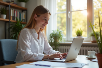 Jeune entrepreneur travaillant à domicile sur un bureau moderne et lumineux