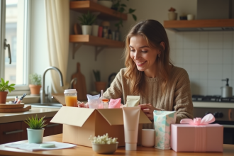 Jeune femme souriante déballant des échantillons gratuits dans la cuisine