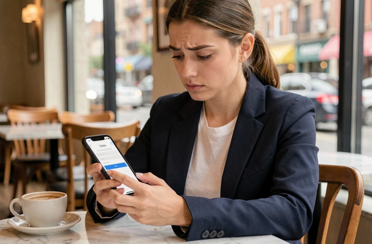 Jeune femme consultant son smartphone dans un café pour accéder à son espace client en ligne et résoudre un problème de mot de passe