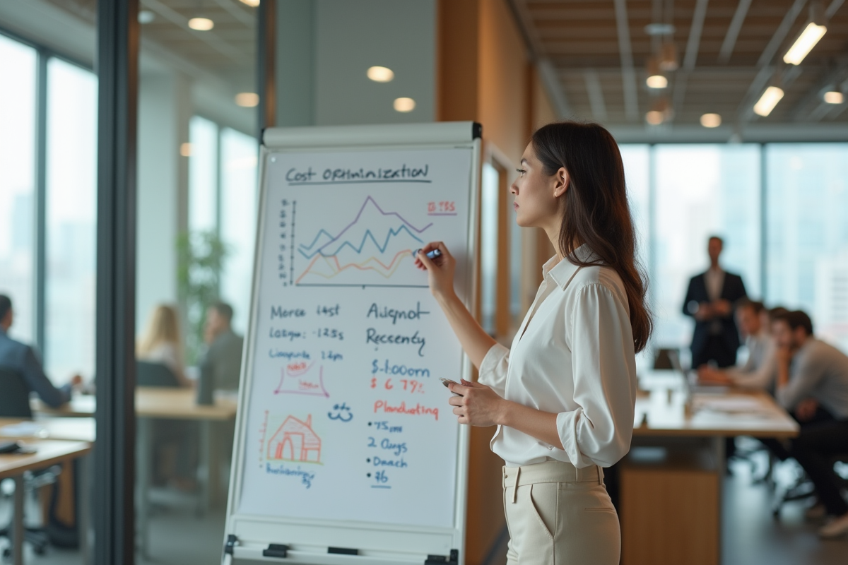 Jeune femme professionnelle expliquant des coûts sur un tableau blanc