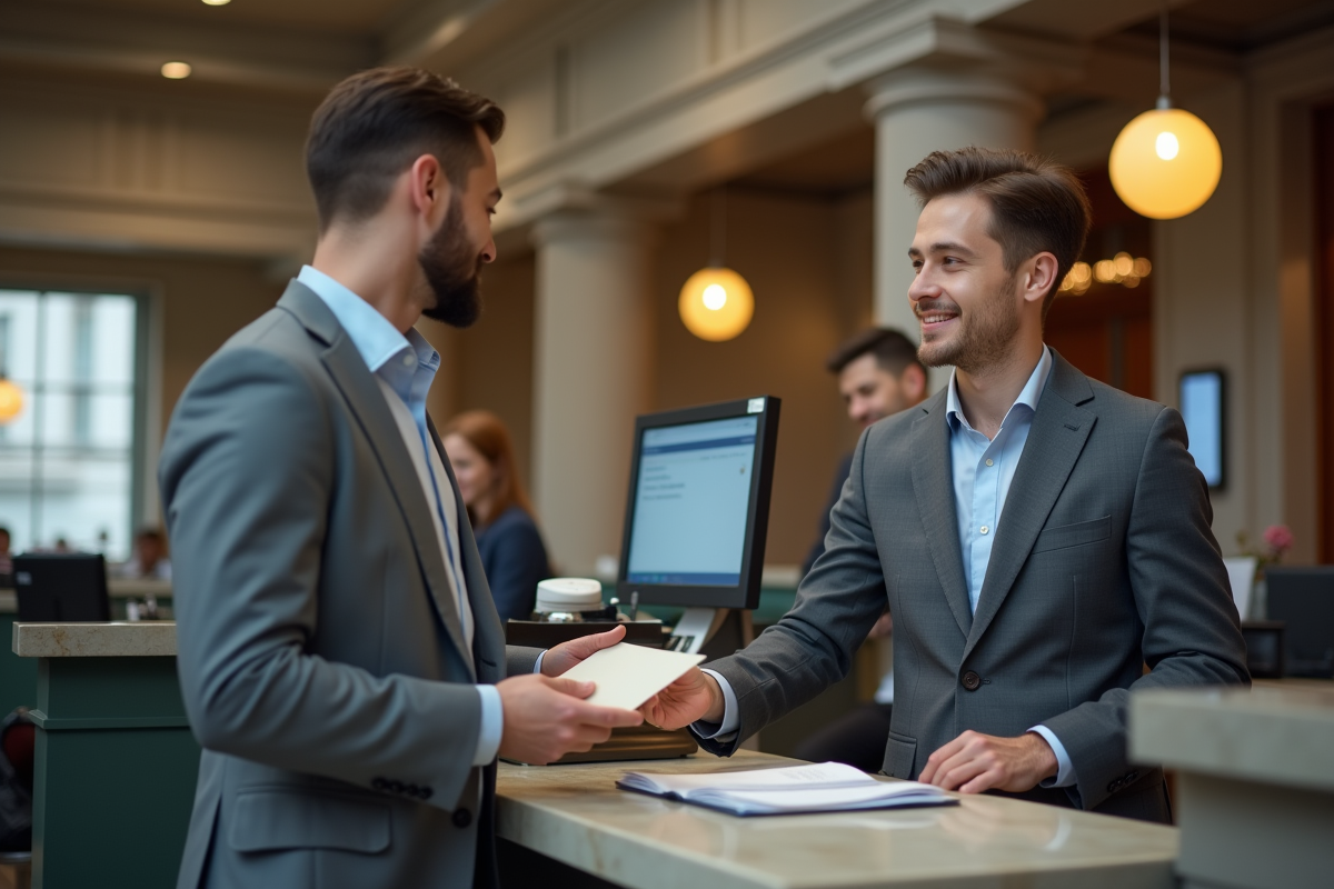 Jeune homme en costume remettant une enveloppe au guichet de banque