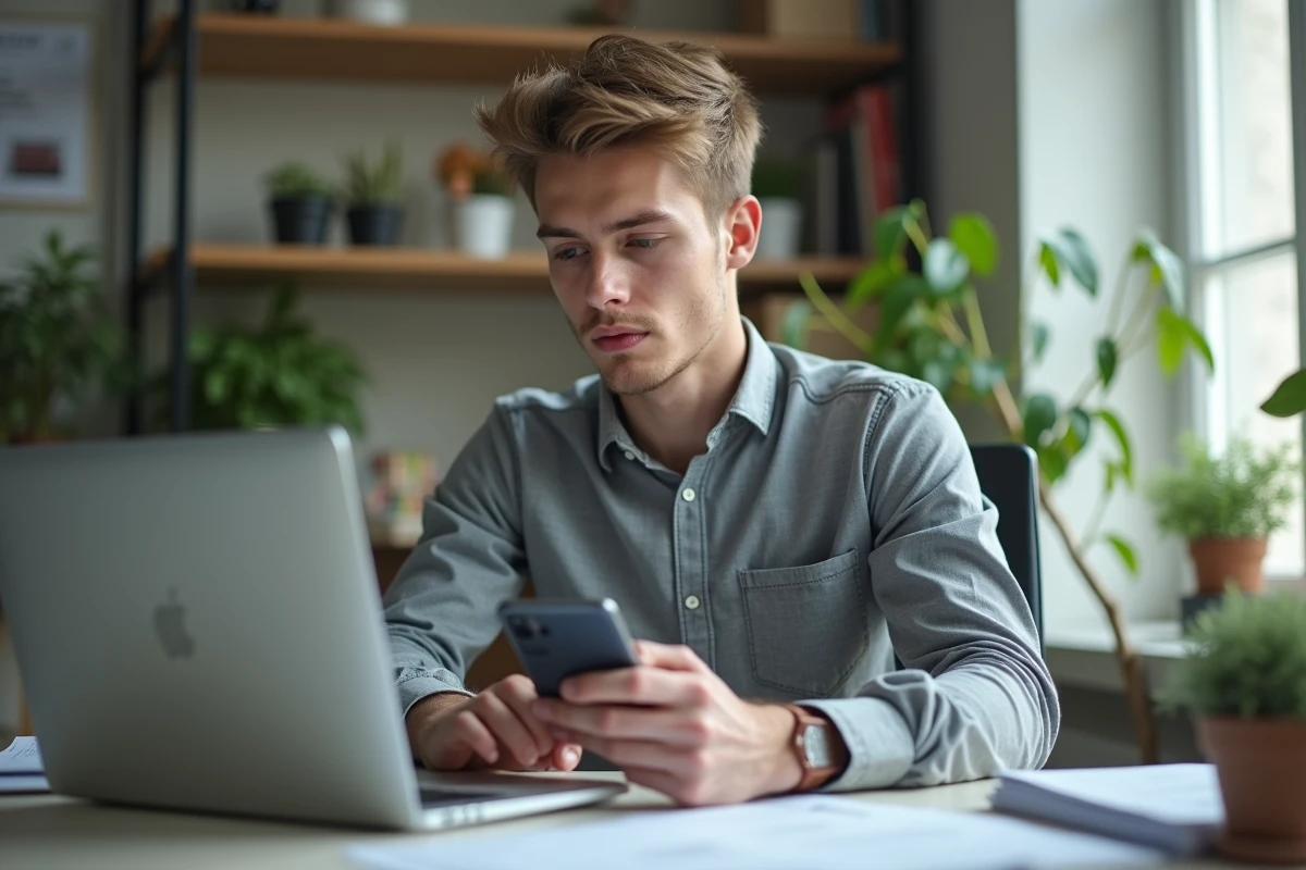 Jeune homme au bureau regardant son ordinateur portable et smartphone