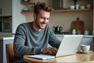 Jeune homme souriant travaillant sur son ordinateur dans une cuisine moderne