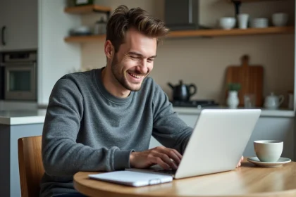 Jeune homme souriant travaillant sur son ordinateur dans une cuisine moderne