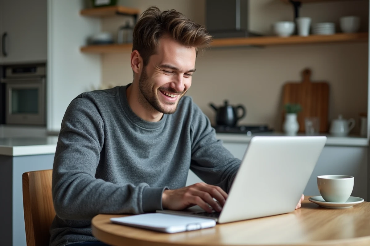 Jeune homme souriant travaillant sur son ordinateur dans une cuisine moderne